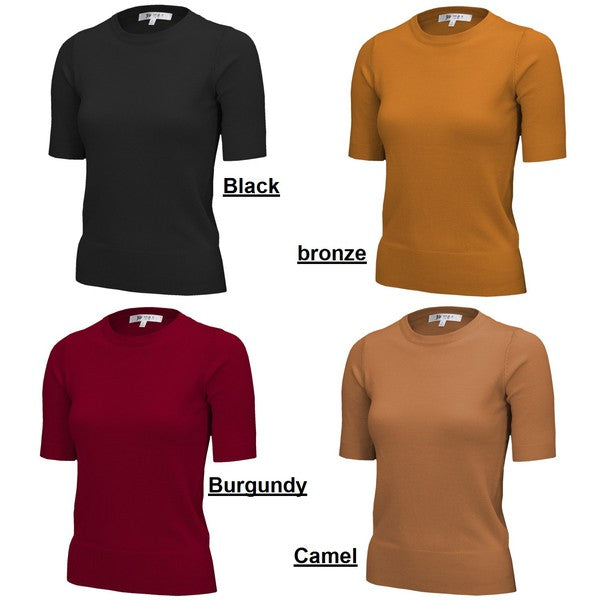 Half Short Sleeve Pullover Knit Sweater Crewneck
