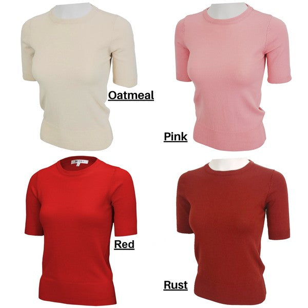 Half Short Sleeve Pullover Knit Sweater Crewneck