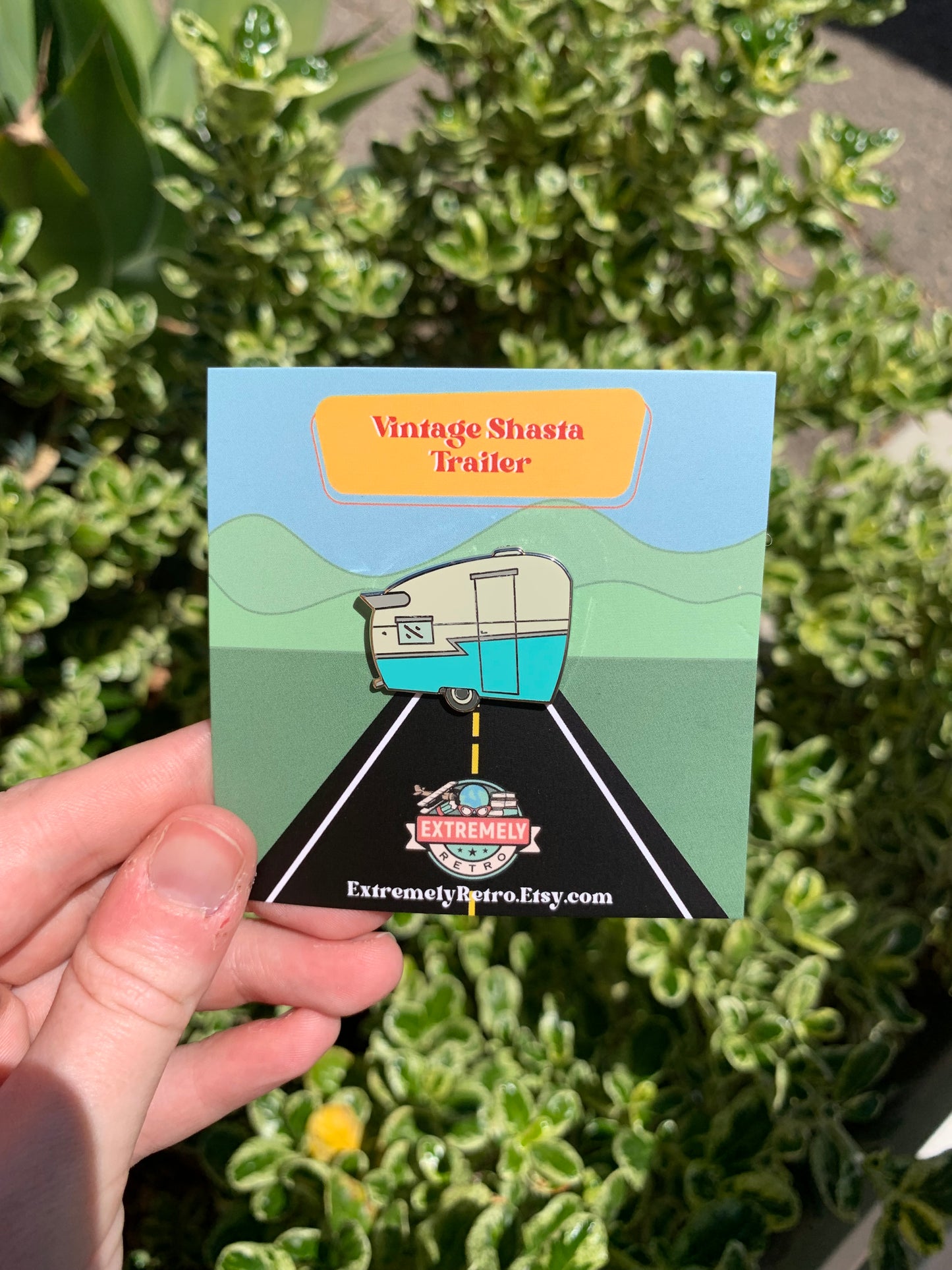 Vintage Shasta Travel Trailer Lapel Pin - Turquoise Blue