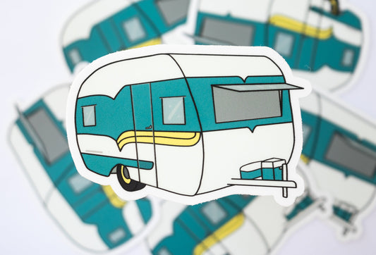 1958 Deville Canned Ham Travel Trailer Sticker - Blue/Yellow