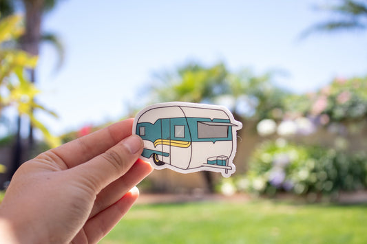 1958 Deville Canned Ham Travel Trailer Sticker - Blue/Yellow