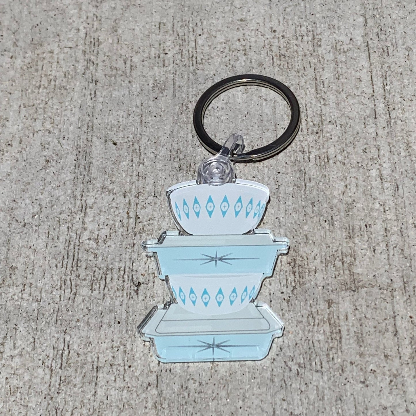 Vintage Pyrex Dishes Keychain - Light Blue Atomic Pattern