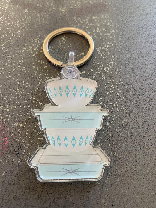 Vintage Pyrex Dishes Keychain - Light Blue Atomic Pattern